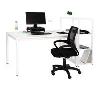 Pack Bureau Budget - Plateau droit L.140 x P. 80 cm - Plateau Blanc - Pieds blanc + Bibliothèque blanche 4 étagères + Siège Dario Noir