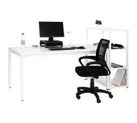 Pack Bureau Budget - Plateau droit L.160 x P. 80 cm - Plateau Blanc - Pieds blanc + Bibliothèque blanche 4 étagères + Siège Dario Noir
