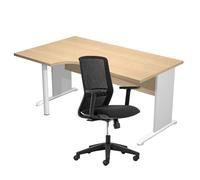 Pack Bureau d'angle compact retour à gauche Pronto Bois - L.160 x P.100 cm - Plateau Chêne - Pieds L Aluminium + Siège Tekna Noir