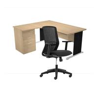 Pack Bureau d'angle compact retour à gauche Pronto Bois - L.160 x P.100 cm - Plateau Chêne - Pieds L Noir + Caisson hauteur bureau + Siège Tekna Noir