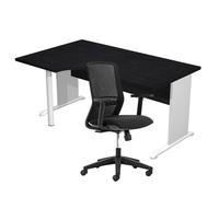 Pack Bureau d'angle compact retour à gauche Pronto Bois - L.160 x P.100 cm - Plateau Noir - Pieds L Aluminium + Siège Tekna Noir