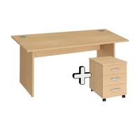 Pack Bureau droit Excellens Bois L 160 x P 80 cm piètement plein + caisson mobile 3 tiroirs Excellens hêtre - - Bruneau