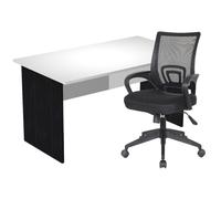 Pack Bureau droit Pronto Bois - L.140 x P.80 cm - Plateau Blanc - Pieds panneaux Noir + siège Dario Tissu Noir