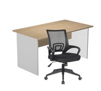 Pack Bureau droit Pronto Bois - L.140 x P.80 cm - Plateau Chêne - Pieds panneaux Aluminium + siège Dario Tissu Noir
