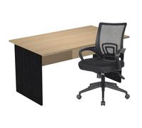 Pack Bureau droit Pronto Bois - L.140 x P.80 cm - Plateau Chêne - Pieds panneaux Noir + siège Dario Tissu Noir