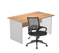 Pack Bureau droit Pronto Bois - L.140 x P.80 cm - Plateau Hêtre - Pieds panneaux Aluminium + siège Dario Tissu Noir