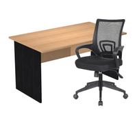Pack Bureau droit Pronto Bois - L.140 x P.80 cm - Plateau Hêtre - Pieds panneaux Noir + siège Dario Tissu Noir