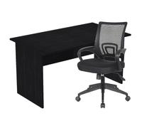 Pack Bureau droit Pronto Bois - L.140 x P.80 cm - Plateau Noir - Pieds panneaux Noir + siège Dario Tissu Noir