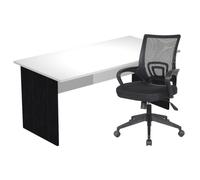 Pack Bureau droit Pronto Bois - L.160 x P.80 cm - Plateau Blanc - Pieds panneaux Noir + siège Dario Tissu Noir