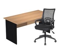 Pack Bureau droit Pronto Bois - L.160 x P.80 cm - Plateau Hêtre - Pieds panneaux Noir + siège Dario Tissu Noir