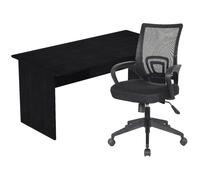 Pack Bureau droit Pronto Bois - L.160 x P.80 cm - Plateau Noir - Pieds panneaux Noir + siège Dario Tissu Noir