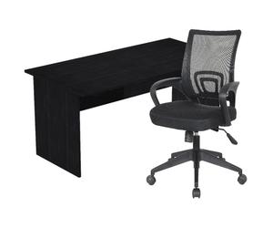 Pack Bureau droit Pronto Bois - L.160 x P.80 cm - Plateau Noir - Pieds panneaux Noir + siège Dario Tissu Noir