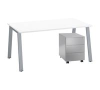 Pack bureau Ecla L 160 x P 80 cm plateau blanc pied aluminium + caisson mobile métal aluminium 3 tiroirs - - Bruneau