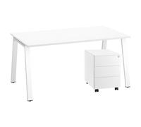 Pack bureau Ecla L 160 x P 80 cm plateau blanc pied blanc + caisson mobile métal blanc 3 tiroirs - - Bruneau