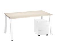 Pack bureau Ecla L 160 x P 80 cm plateau chêne clair piètement blanc + caisson métal 3 tiroirs blanc - - Bruneau
