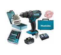 Pack cadeau Perceuse visseuse à percussion Makita 18V 62Nm DHP482 + 1 batt 3 Ah + 30 embouts de vissage + 18 forets D-46202