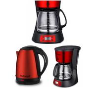 Pack Cafetière INOX Programmable 1,5L Rouge + Bouilloire Rétro 1,8L Inox Rouge avec Thermomètre