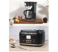 PACK CAFETIERE RETRO VINTAGE 1000W SANS FIL NOIRE DORE + GRILLE-PAIN NOIRE 1800W 4 FENTES NOIR DORE