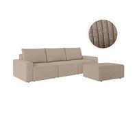 PACK - Canapé droit fixe 3 places ROMANE avec pouf en velours côtelé - Taupe