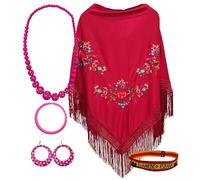 Pack châle et accessoires : châle de Manille brodé avec accessoires style flamant rose et bracelet brodé pour fêtes populaires et événements, Bordeaux, L