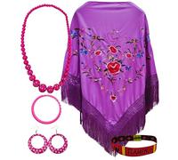 Pack châle et accessoires : châle de Manille brodé avec accessoires style flamant rose et bracelet brodé, pour fêtes populaires et événements (violet grande fleur)