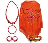 Pack châle et accessoires : châle de Manille brodé avec accessoires style flamant rose et bracelet brodé, pour fêtes populaires et événements (orange grande fleur)