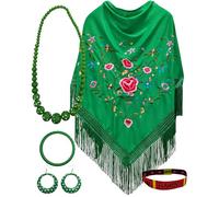 Pack châle et accessoires : châle de Manille brodé avec accessoires style flamant rose et bracelet brodé, pour fêtes populaires et événements (vert fleur)