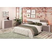 Pack chambre complète Meyvaser - Tête de lit 220 cm + 2 tables de chevet 3 tiroirs + commode 4 tiroirs, couleur Andersen/gris, style moderne