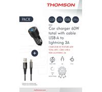 PACK CHARGEUR DE VOITURE 60W TOTAL 12V/24V AVEC CABLE USB-A VERS LIGHTNING 3A