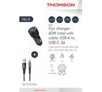 Pack chargeur + câble - THOMSON - Chargeur de voiture 60 W - Câble USB-A vers C 3A - longueur 1.5 m