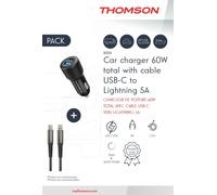 PACK CHARGEUR DE VOITURE 60W TOTAL 12V/24V AVEC CABLE USB-C VERS LIGHTNING 5A
