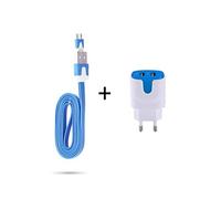 Pack Chargeur pour HUAWEI P smart+ Smartphone Micro-USB (Cable Noodle 1m Chargeur + Double Prise Secteur Couleur USB) Android (BLEU)