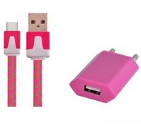 Pack Chargeur pour Motorola Moto e20 Smartphone Type C (Cable Noodle 1m Chargeur + Prise Secteur USB) Murale Android (Rose Bonbon)