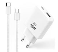 Pack Chargeur Rapide 45W GaN + Câble USB-C 1m Nylon tressé - Double Port USB-C & A - Pour iPhone 15/16, Samsung, MacBook - Blanc