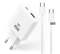 Pack Chargeur Rapide 45W GaN + Câble USB-C 2m Nylon tressé - Double Port USB-C & A - Pour iPhone 15/16, Samsung, MacBook - Blanc