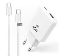 Pack Chargeur Rapide 45W GaN + Câble USB-C 2m Nylon tressé - Double Port USB-C & A - Pour iPhone 15/16, Samsung, MacBook - Blanc
