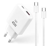 Pack Chargeur Rapide 45W GaN + Câble USB-C vers USB-C 1m Nylon Tressé - Prise Secteur Compacte et Cordon Renforcé 60W - pour iPhone 17, Samsung, MacBook, iPad et Tablettes - Blanc