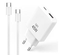 Pack Chargeur Rapide 45W GaN + Câble USB-C vers USB-C 1m Nylon Tressé - Prise Secteur Compacte et Cordon Renforcé 60W - pour iPhone 17, Samsung, MacBook, iPad et Tablettes - Blanc