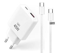 Pack Chargeur Rapide 45W GaN + Câble USB-C vers USB-C 2m Nylon Tressé - Prise Secteur Compacte et Cordon Renforcé 60W - pour iPhone 17, Samsung, MacBook, iPad et Tablettes - Blanc