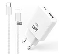 Pack Chargeur Rapide 45W GaN + Câble USB-C vers USB-C 2m Nylon Tressé - Prise Secteur Compacte et Cordon Renforcé 60W - pour iPhone 17, Samsung, MacBook, iPad et Tablettes - Blanc