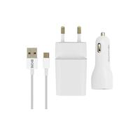Pack Chargeur Secteur 2.1A + chargeur voiture 2.1A + câble USB Type C 1m Blanc