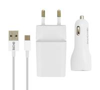 Pack chargeur secteur 2.1A + chargeur voiture 2.1A + câble USB type C 1m - Blanc