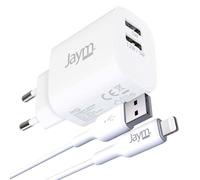 Pack Chargeur Secteur 2 USB-A 2.4A 12W avec Câble USB-A vers Lightning 2m Blanc