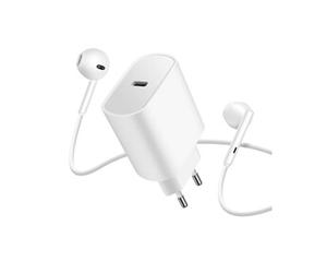 Pack Chargeur USB-C 20W + Ecouteurs Filaires USB-C avec Télécommande Blanc
