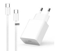 Pack Chargeur USB-C 25W Power Delivery + Câble USB-C 2m 60W Nylon Tressé Blanc, Charge Rapide Sécurisée, Bloc Secteur Slim Compatible iPhone Samsung Android