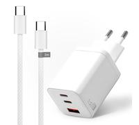 Pack Chargeur USB-C 65W GaN 3 Ports + Câble USB-C 2m 60W Nylon Blanc, Charge Ultra Rapide PD, 2 USB-C + 1 USB-A, Compatible MacBook iPhone Samsung Android