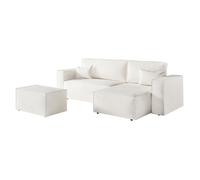 PACK - CLARISSE - Canapé d'angle convertible réversible avec pouf en tissu bouclette - Blanc