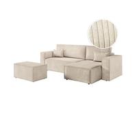 PACK - CLARISSE - Canapé d'angle convertible réversible avec pouf en velours côtelé - Beige