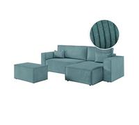 PACK - CLARISSE - Canapé d'angle convertible réversible avec pouf en velours côtelé - Bleu clair