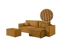 PACK - CLARISSE - Canapé d'angle convertible réversible avec pouf en velours côtelé - Jaune